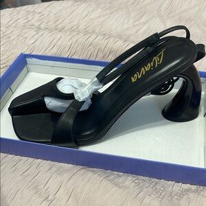 Black Lace up Square Toe Sculpted Heel Sandals